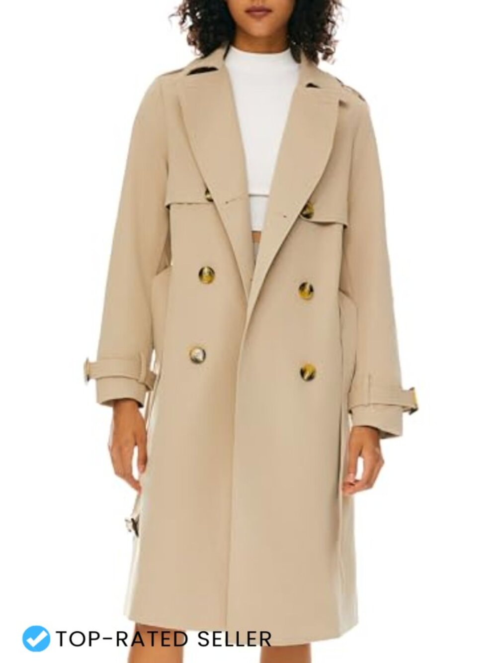3/4 Length Double Breasted Trench Coat Belted Polyester